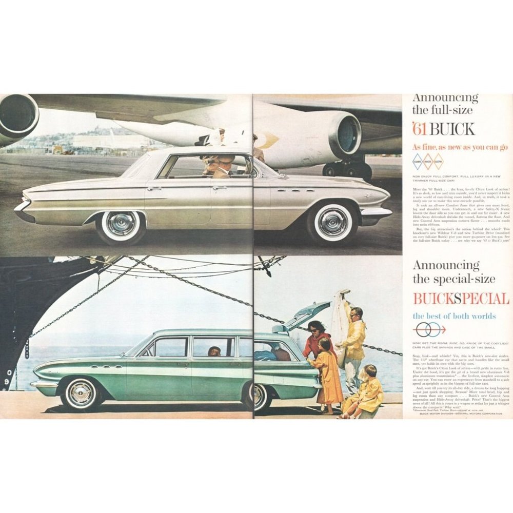 1961 Buick Le Sabre and Special 2 Page Vintage Print Ad Jet Plane Ship Wall Art